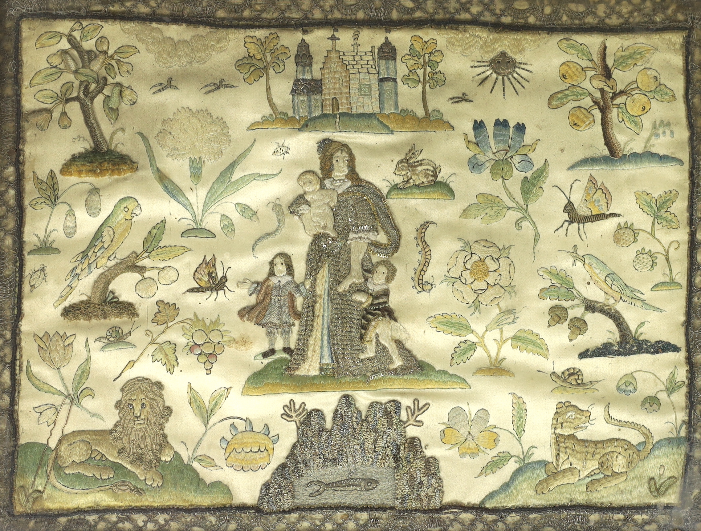 A 17th century stumpwork panel depicting a mother and children in a garden